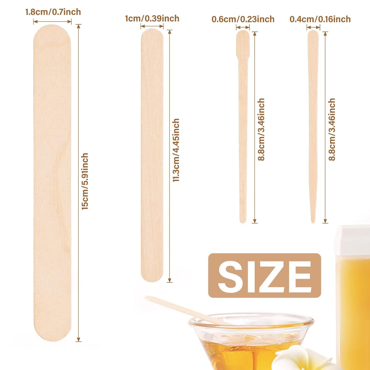 BeautyGuzalies 500 Count Wooden Wax Applicator Sticks, 4 Sizes for At Home Waxing Copy title
