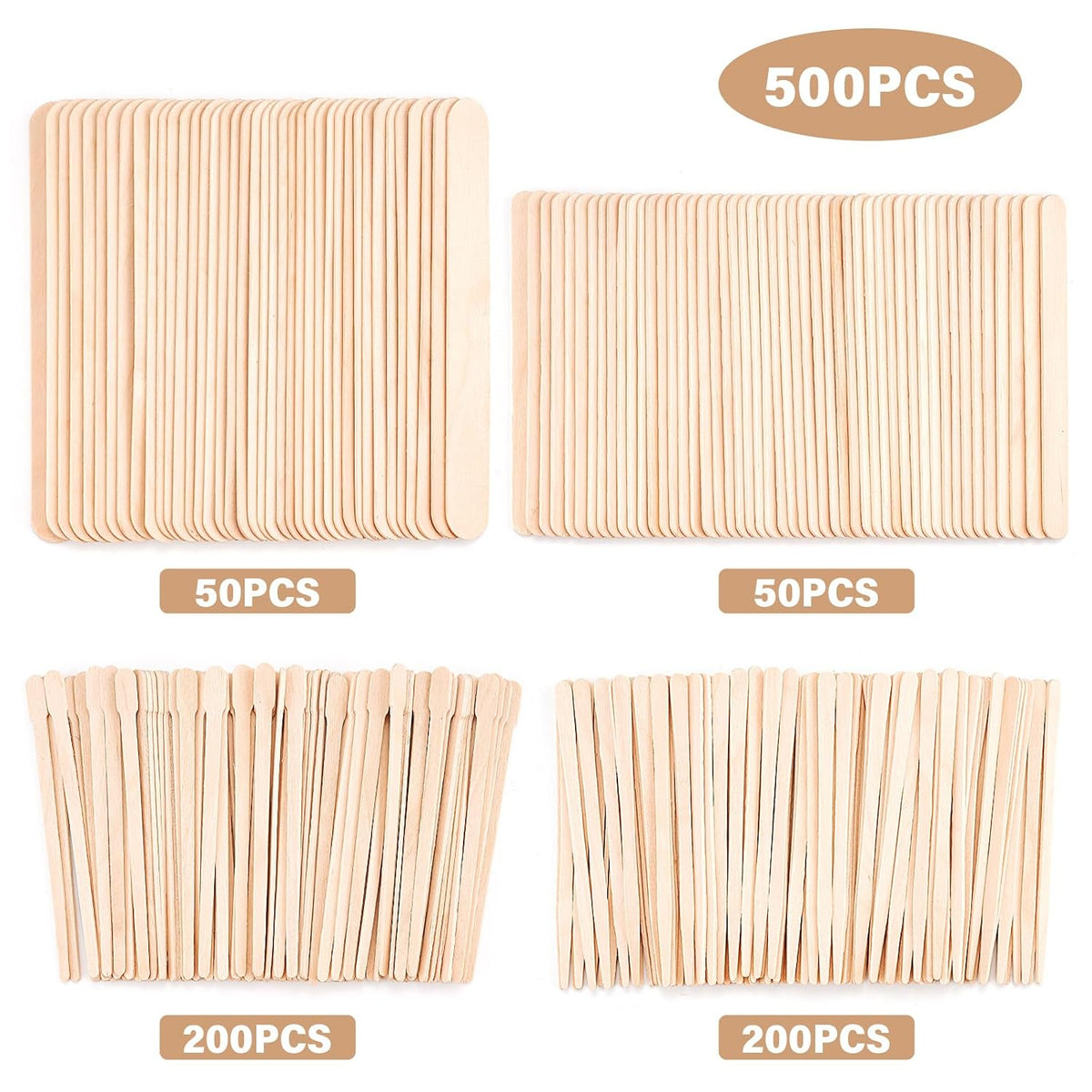 BeautyGuzalies 500 Count Wooden Wax Applicator Sticks, 4 Sizes for At Home Waxing Copy title
